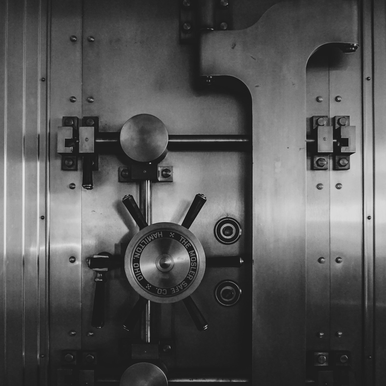 A heavy bank vault door